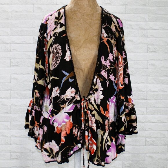 KNOX ROSE Top Jacket Open Front Tie Floral Ruffle Peplum Swimsuit Cover Black XL - Picture 1 of 13